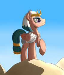 Size: 3000x3500 | Tagged: safe, artist:orangejuicerus, somnambula, pegasus, pony, daring done?, clothes, desert, female, mare, raised hoof, sky, solo