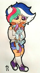 Size: 2313x4160 | Tagged: safe, artist:dawn-designs-art, oc, oc only, oc:dawn, oc:mirage, earth pony, human, pony, blue coat, brown mane, converse, female, filly, holding a pony, humanized, multicolored hair, purple eyes, shoes, sneakers, traditional art, ych example, ych result