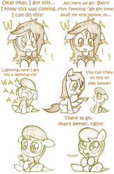 Size: 2172x3311 | Tagged: safe, artist:boulderthedragon, scootaloo, oc, oc:lightning blitz, pegasus, pony, comic:ask motherly scootaloo, ask cloudsdale fillies, baby, baby pony, book, colt, comic, crying, cute, female, hairpin, male, monochrome, mother and child, mother and son, motherly scootaloo, nom, offspring, older, older scootaloo, parent and child, parent:rain catcher, parent:scootaloo, parents:catcherloo, sweatshirt, teething, toy