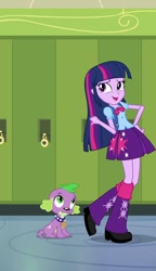 Size: 568x986 | Tagged: safe, screencap, spike, twilight sparkle, twilight sparkle (alicorn), alicorn, dog, equestria girls, equestria girls (movie), clothes, cropped, leg warmers, puppy, shoes, skirt, spike the dog