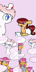 Size: 2000x4000 | Tagged: safe, nurse redheart, scootaloo, oc, oc:lightning blitz, pegasus, pony, comic:ask motherly scootaloo, baby, baby pony, colt, comic, dialogue, hairpin, male, motherly scootaloo, offspring, older, older scootaloo, parent:rain catcher, parent:scootaloo, parents:catcherloo, pink background, simple background, speech bubble, sweatshirt, teething