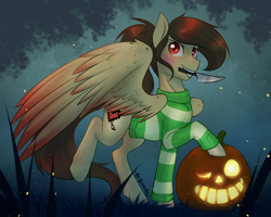 Size: 3036x2426 | Tagged: safe, artist:askbubblelee, oc, oc only, oc:pixel, pegasus, pony, chara, clothes, female, halloween, holiday, jack-o-lantern, knife, mare, mouth hold, pumpkin, solo, sweater, undertale