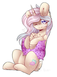 Size: 613x829 | Tagged: safe, artist:twinkepaint, oc, oc only, oc:bubble wings, pony, unicorn, female, mare, one eye closed, pillow, simple background, solo, transparent background, wink