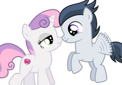 Size: 4210x2952 | Tagged: safe, artist:meandmyideas, rumble, sweetie belle, bedroom eyes, colt, cute, female, filly, flying, looking at each other, male, rumbelle, shipping, simple background, smiling, straight, transparent background, vector