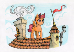 Size: 900x636 | Tagged: safe, artist:asimos, scootaloo, pony, chimney, cloud, female, filly, rooftop, sky, solo