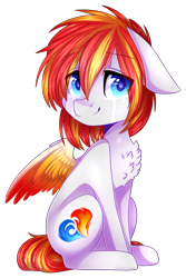 Size: 1095x1642 | Tagged: safe, artist:shiromidorii, oc, oc only, oc:heartfire, pegasus, pony, chest fluff, colored wings, crying, floppy ears, male, multicolored wings, simple background, sitting, solo, stallion, transparent background