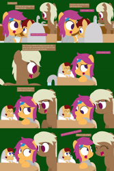 Size: 2560x3840 | Tagged: safe, artist:dtcx97, scootaloo, oc, oc:lightning blitz, oc:sandy hooves, pegasus, pony, comic:ask motherly scootaloo, baby, baby bottle, baby pony, colt, comic, dialogue, female, green background, hairpin, male, milk, mother and child, mother and son, motherly scootaloo, offspring, older, older scootaloo, parent and child, parent:rain catcher, parent:scootaloo, parents:catcherloo, simple background, sink, sweatshirt, teething