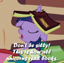 Size: 520x508 | Tagged: safe, edit, edited screencap, screencap, twilight sparkle, pony, unicorn, secret of my excess, blatant lies, book, eyes closed, female, floppy ears, golden oaks library, horn impalement, mare, open mouth, text