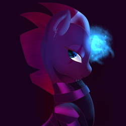 Size: 2000x2000 | Tagged: safe, artist:digiko-kagami, tempest shadow, pony, unicorn, my little pony: the movie, broken horn, eye scar, female, glowing horn, horn, looking back, mare, scar, smiling, solo, sparking horn