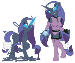 Size: 4735x3997 | Tagged: safe, artist:skyspeardraw, nightmare rarity, oc, oc:léa, pony, clothes, corrupted, human to anthro, latex, magic, rubber, symbiote, transformation