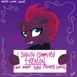 Size: 4823x4823 | Tagged: safe, artist:darkest-lunar-flower, tempest shadow, unicorn, my little pony: the movie, absurd resolution, blushing, broken horn, eye scar, grimace, lip bite, looking at you, pony shaming, scar, shaming, sign, sweat, treason