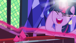 Size: 960x540 | Tagged: safe, screencap, twilight sparkle, twilight sparkle (alicorn), alicorn, uncommon bond, board game, dragon pit, laughing, magic, shine, solo, telekinesis