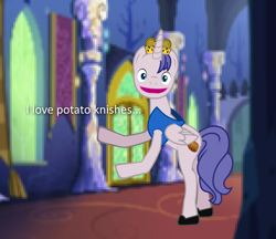 Size: 2432x2103 | Tagged: safe, alicorn, pony, castle, crossover, food, little king john, photo manipulation, ponified, potato, potato knishes, ratboy genius, solo, song reference