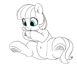 Size: 1280x1107 | Tagged: safe, artist:pabbley, coco pommel, pony, 30 minute art challenge, belly button, cocobetes, cup, cute, drinking, partial color, solo, teacup, underhoof