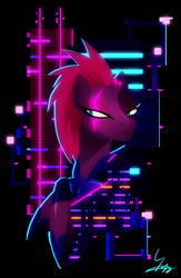 Size: 600x920 | Tagged: safe, artist:ii-art, tempest shadow, pony, unicorn, my little pony: the movie, abstract background, armor, broken horn, bust, crossed hooves, eye scar, lidded eyes, neon, scar, solo