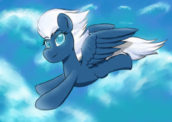 Size: 1386x984 | Tagged: safe, artist:sanzols, night glider, pegasus, pony, colored pupils, female, flying, mare, signature, sky, smiling, solo