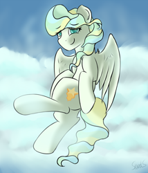 Size: 1024x1199 | Tagged: safe, artist:sanzols, vapor trail, pegasus, pony, cloud, colored pupils, ear fluff, female, flying, mare, signature, sky, smiling, solo