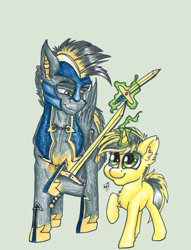 Size: 1280x1676 | Tagged: safe, artist:tillie-tmb, oc, oc only, oc:storm sabre, oc:tempest, pegasus, pony, unicorn, armor, father and child, father and daughter, female, filly, magic, male, parent and child, simple background, stallion, sword, traditional art, weapon