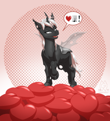 Size: 1900x2090 | Tagged: safe, artist:mykegreywolf, oc, oc only, oc:silver lies, changeling, abstract background, changeling oc, exclamation point, female, heart, looking at you, mare, music notes, open mouth, solo, white changeling