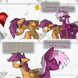 Size: 1500x1500 | Tagged: safe, artist:conmanwolf, scootaloo, oc, oc:silver lining, oc:violet, pony, fanfic:rainbow factory, ask factory scootaloo, comic, factory scootaloo, recording