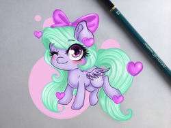 Size: 900x675 | Tagged: safe, artist:bunnywhiskerz, artist:emberslament, flitter, pegasus, pony, bow, chibi, cute, female, flitterbetes, hair bow, heart, mare, one eye closed, smiling, solo, wink