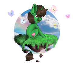 Size: 6000x5000 | Tagged: safe, artist:hellishprogrammer, oc, oc only, oc:hazel nut, butterfly, pony, unicorn, absurd resolution, floating island, leonine tail, male, sitting, solo, stallion