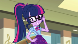 Size: 1920x1080 | Tagged: safe, screencap, sci-twi, twilight sparkle, better together, equestria girls, overpowered (equestria girls), adorkable, cute, dork, female, geode of telekinesis, glasses, magical geodes, ponytail, solo