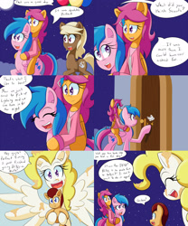 Size: 2000x2400 | Tagged: safe, artist:jake heritagu, firefly, scootaloo, surprise, oc, oc:lightning blitz, oc:sandy hooves, pegasus, pony, comic:ask motherly scootaloo, baby, baby pony, cloudsdale, colt, comic, female, hairpin, holding a pony, knocking, male, mother and child, mother and daughter, motherly scootaloo, offspring, older, older scootaloo, parent and child, parent:rain catcher, parent:scootaloo, parents:catcherloo, ponies riding ponies, sweatshirt