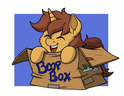 Size: 3300x2550 | Tagged: safe, artist:latecustomer, oc, oc only, oc:origami, pony, unicorn, blue background, boop box, box, commission, cute, eyes closed, male, ocbetes, open mouth, pony in a box, simple background, solo, transparent background