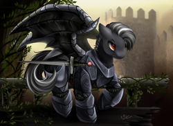 Size: 3509x2550 | Tagged: safe, artist:pridark, oc, oc only, oc:tempest knight, dracony, hybrid, armor, castle, commission, large wings, male, raised hoof, solo, stallion, sword, weapon, wings