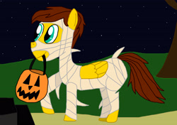 Size: 3102x2190 | Tagged: safe, artist:sb1991, oc, oc only, oc:film reel, pony, challenge, clothes, costume, equestria amino, halloween, holiday, mummy, trick or treat