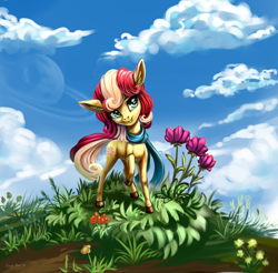 Size: 2340x2300 | Tagged: safe, artist:roadsleadme, oc, oc only, earth pony, pony, clothes, cloud, cute, female, flower, gift art, grass, mare, raised hoof, scarf, sky, smiling, solo