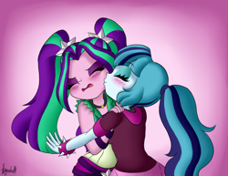 Size: 1024x791 | Tagged: safe, artist:queentigrel, aria blaze, sonata dusk, equestria girls, arisona, female, kiss on the cheek, kissing, lesbian, shipping, tsundaria, tsundere