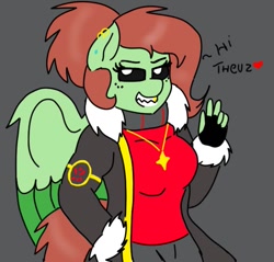 Size: 723x690 | Tagged: safe, artist:kellysans, oc, oc only, oc:kelly sparkle, anthro, pegasus, black sclera, breasts, clothes, colored wings, colored wingtips, fingerless gloves, freckles, gloves, gray background, jacket, peace sign, simple background, toothy grin