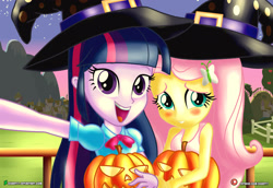 Size: 2000x1373 | Tagged: safe, artist:dieart77, fluttershy, twilight sparkle, twilight sparkle (alicorn), alicorn, equestria girls, blushing, clothes, cute, halloween, holiday, jack-o-lantern, open mouth, pumpkin, selfie, shyabetes, tanktop