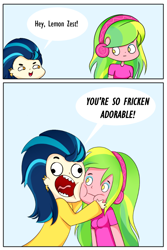 Size: 600x900 | Tagged: safe, artist:electricshine, indigo zap, lemon zest, equestria girls, friendship games, 2 panel comic, clothes, comic, dialogue, ear piercing, earring, eyeshadow, female, headphones, jewelry, looking at each other, makeup, open mouth, piercing, simple background, smiling, white background