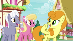 Size: 1920x1080 | Tagged: safe, screencap, carrot top, golden harvest, lily, lily valley, royal riff, earth pony, pony, triple threat, background pony, discovery family logo, female, flower, flower in hair, lily (flower), male, mare, open mouth, raised hoof, stallion, trio