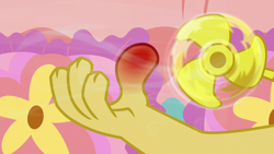 Size: 1280x720 | Tagged: safe, screencap, discord, discordant harmony, fan, ouch, solo, thumb