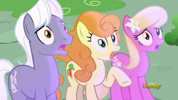 Size: 1920x1080 | Tagged: safe, screencap, carrot top, golden harvest, lily, lily valley, royal riff, earth pony, pony, triple threat, background pony, discovery family logo, female, flower, flower in hair, lily (flower), male, mare, open mouth, raised hoof, stallion, trio