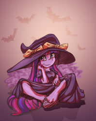 Size: 1280x1615 | Tagged: safe, artist:woofmaple, twilight sparkle, anthro, bat, clothes, dress, halloween, hat, holiday, sitting, solo