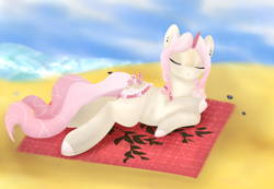 Size: 900x622 | Tagged: safe, artist:hirundoarvensis, oc, oc only, oc:yasashi kokoro, original species, pond pony, pony, beach, crystal, eyes closed, female, horn, mare, prone, solo