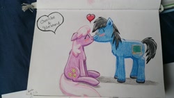 Size: 3264x1836 | Tagged: safe, artist:hilfigirl, cheerilee, oc, oc:blueboard, earth pony, pony, canon x oc, love, nuzzling, sitting, teacher, traditional art