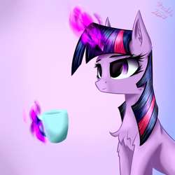 Size: 2800x2800 | Tagged: safe, artist:tmochka, twilight sparkle, chest fluff, glowing horn, magic, mug, solo, telekinesis