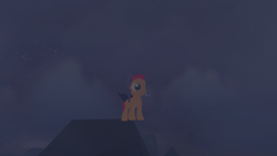 Size: 1920x1080 | Tagged: safe, scootaloo, bat pony, 3d, batpony costume, clothes, costume, creepy, crypt, female, filly, foal, fog, grave, gravestone, graveyard, heartlands, legends of equestria, night, night sky, nightmare night, nightmare night costume, nightmarenightloe2017, roof, sky, stars, video game