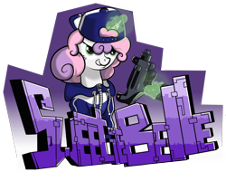 Size: 1150x920 | Tagged: dead source, safe, artist:hc0, sweetie belle, pony, backwards ballcap, baseball cap, cap, clothes, hat, hoodie, magic, simple background, solo, transparent background, uzi, weapon