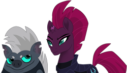 Size: 5656x3228 | Tagged: safe, artist:ejlightning007arts, grubber, tempest shadow, pony, unicorn, my little pony: the movie, armor, broken horn, clothes, female, high res, mare, simple background, smiling, torn ear, transparent background, vector