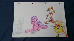 Size: 3264x1836 | Tagged: safe, artist:hilfigirl, oc, oc only, oc:aescula, oc:blueboard, oc:pawprint, earth pony, pegasus, pony, unicorn, collar, doctor, sketch, traditional art, unnamed oc