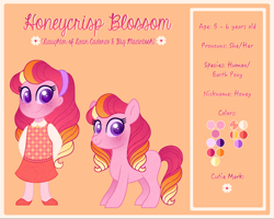 Size: 1280x1024 | Tagged: safe, artist:carouselunique, oc, oc only, oc:honeycrisp blossom, earth pony, pony, equestria girls, female, filly, freckles, offspring, parent:big macintosh, parent:princess cadance, parents:cadmac, reference sheet, solo