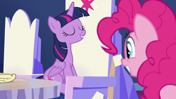 Size: 1280x720 | Tagged: safe, screencap, pinkie pie, twilight sparkle, twilight sparkle (alicorn), alicorn, pony, not asking for trouble, smiling, twilight's castle