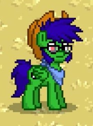 Size: 223x300 | Tagged: safe, oc, oc only, oc:lucky crescent, pegasus, pony, cutie mark, glasses, hat, outdoors, pony town, solo, standing